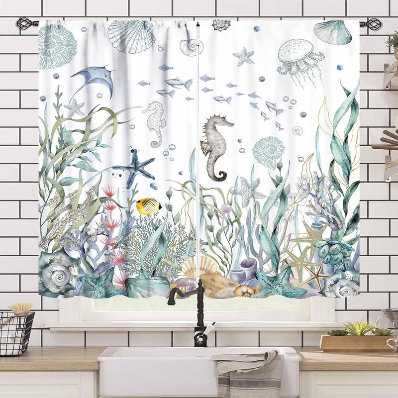 Lnepty Nautical Beach Curtains,Coastal Seahorse Undersea Animal Blue Bedroom Kids Room Drapes Treatments,Ocean Coral Summer Living Room Bathroom Window Curtains 2 Piece Set,55X39 Inch - Image 3